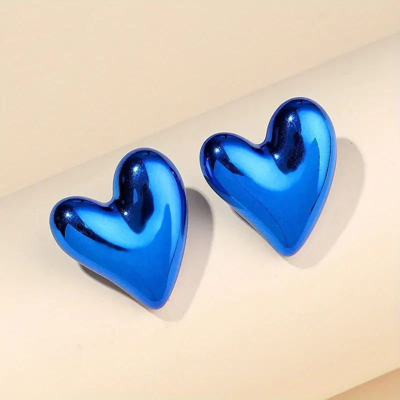 Blue Metallic Heart Earrings