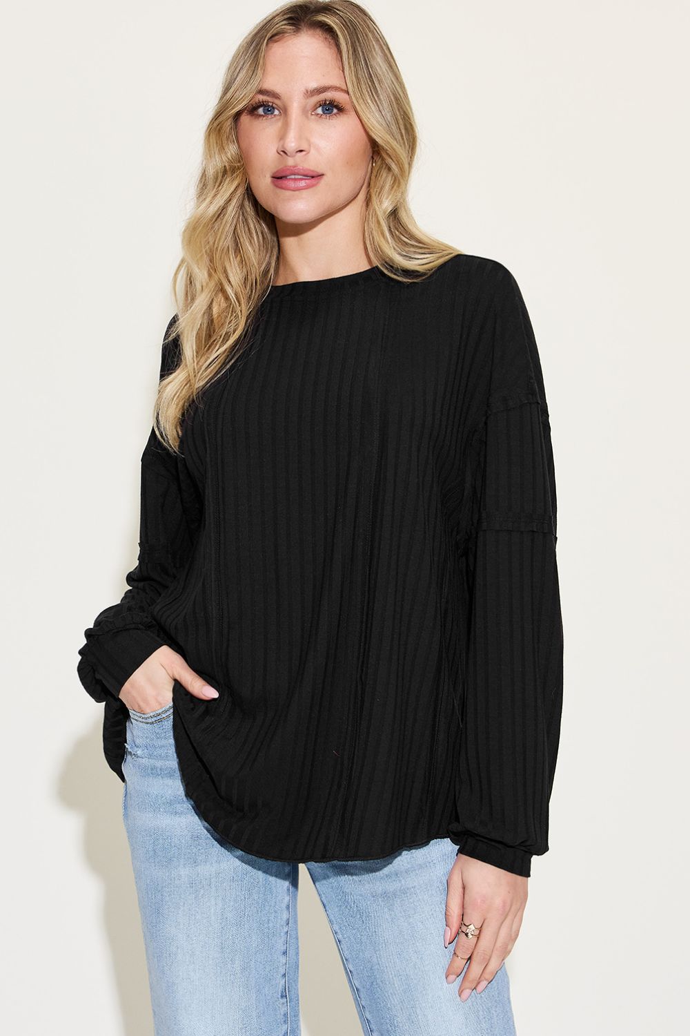 8 Colors! Basic Bae Full Size Ribbed Round Neck Long Sleeve T-Shirt