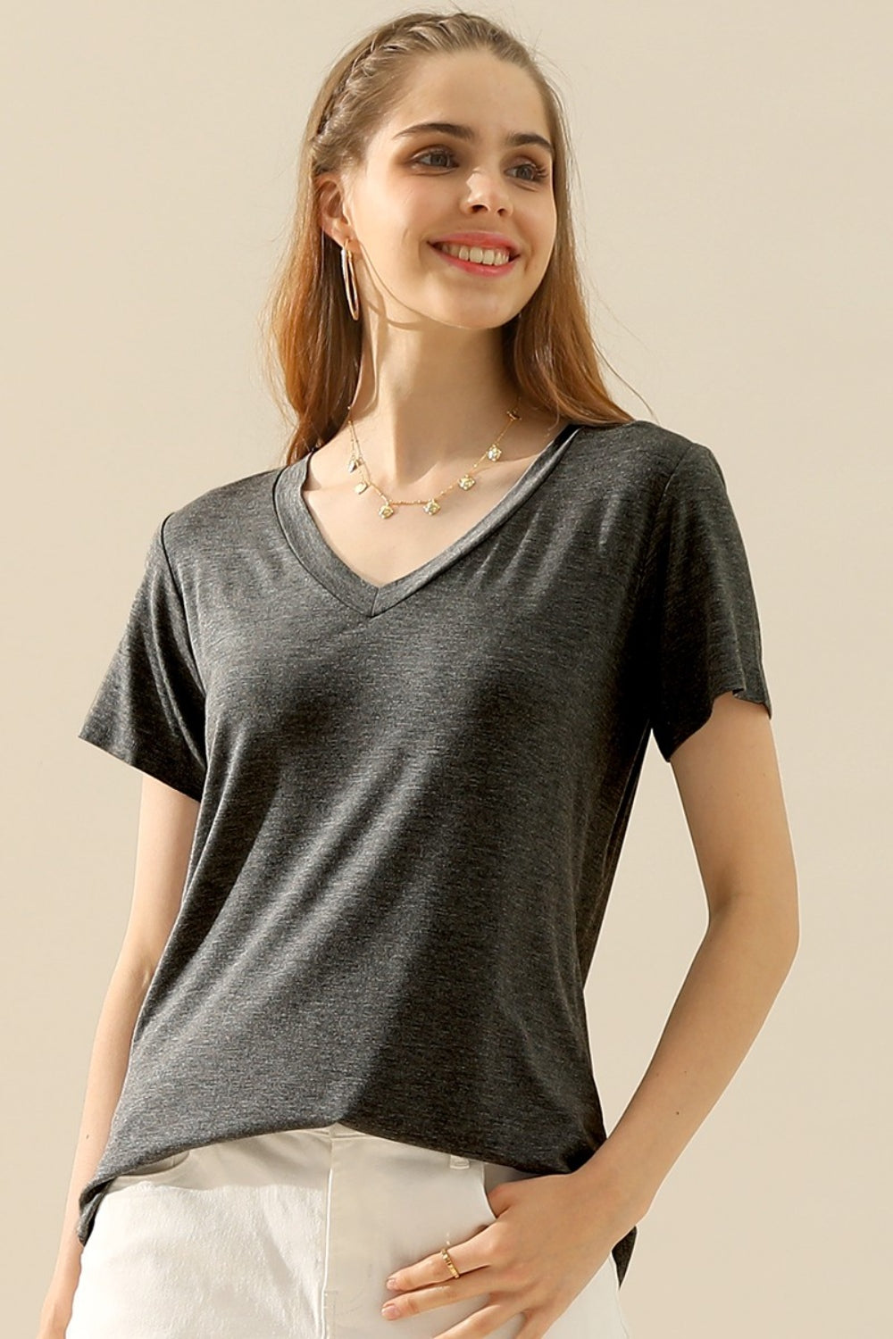 10 Colors! Ninexis Full Size V-Neck Short Sleeve T-Shirt