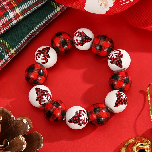 Wood Plaid Reindeer Beaded Bracelet