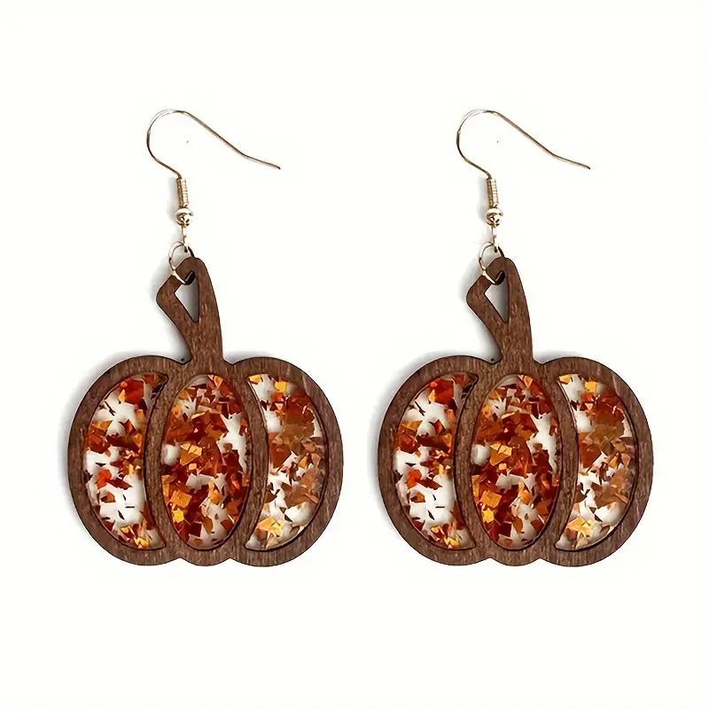 Glitter Wood Pumpkin Earrings