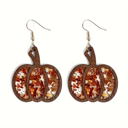 Glitter Wood Pumpkin Earrings