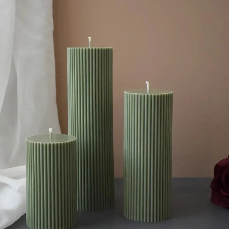 Sage Green Ribbed Soy Wax Pillar Candle Stack - 3 Sizes