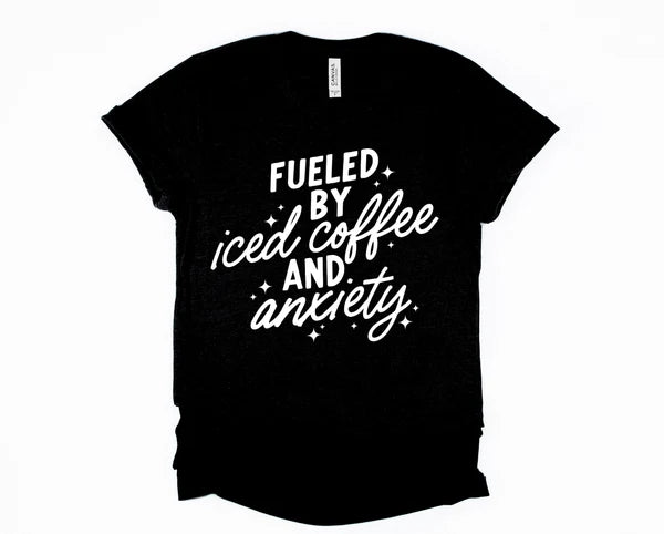 Fueled By Iced Coffee and Anxiety V-Neck Unisex Graphic Tee