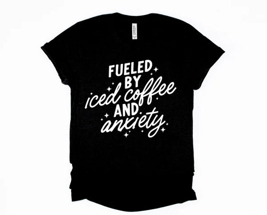 Fueled By Iced Coffee and Anxiety V-Neck Unisex Graphic Tee
