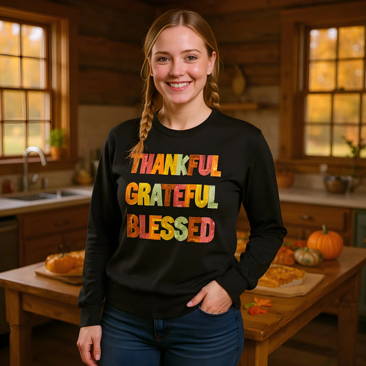 Sequin Thankful Grateful Blessed Long Sleeve Top