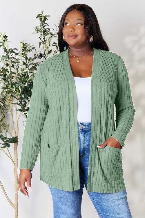 BF Doorbuster! 5 Colors! Basic Bae Full Size Ribbed Open Front Cardigan with Pockets
