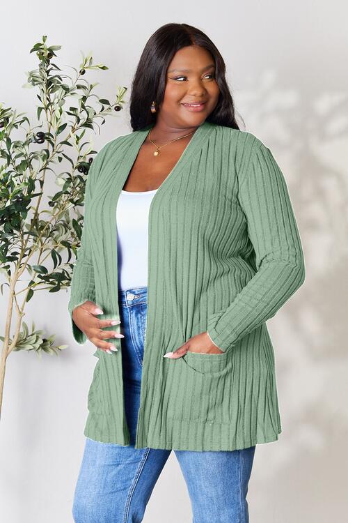 BF Doorbuster! 5 Colors! Basic Bae Full Size Ribbed Open Front Cardigan with Pockets