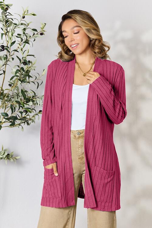 BF Doorbuster! 5 Colors! Basic Bae Full Size Ribbed Open Front Cardigan with Pockets