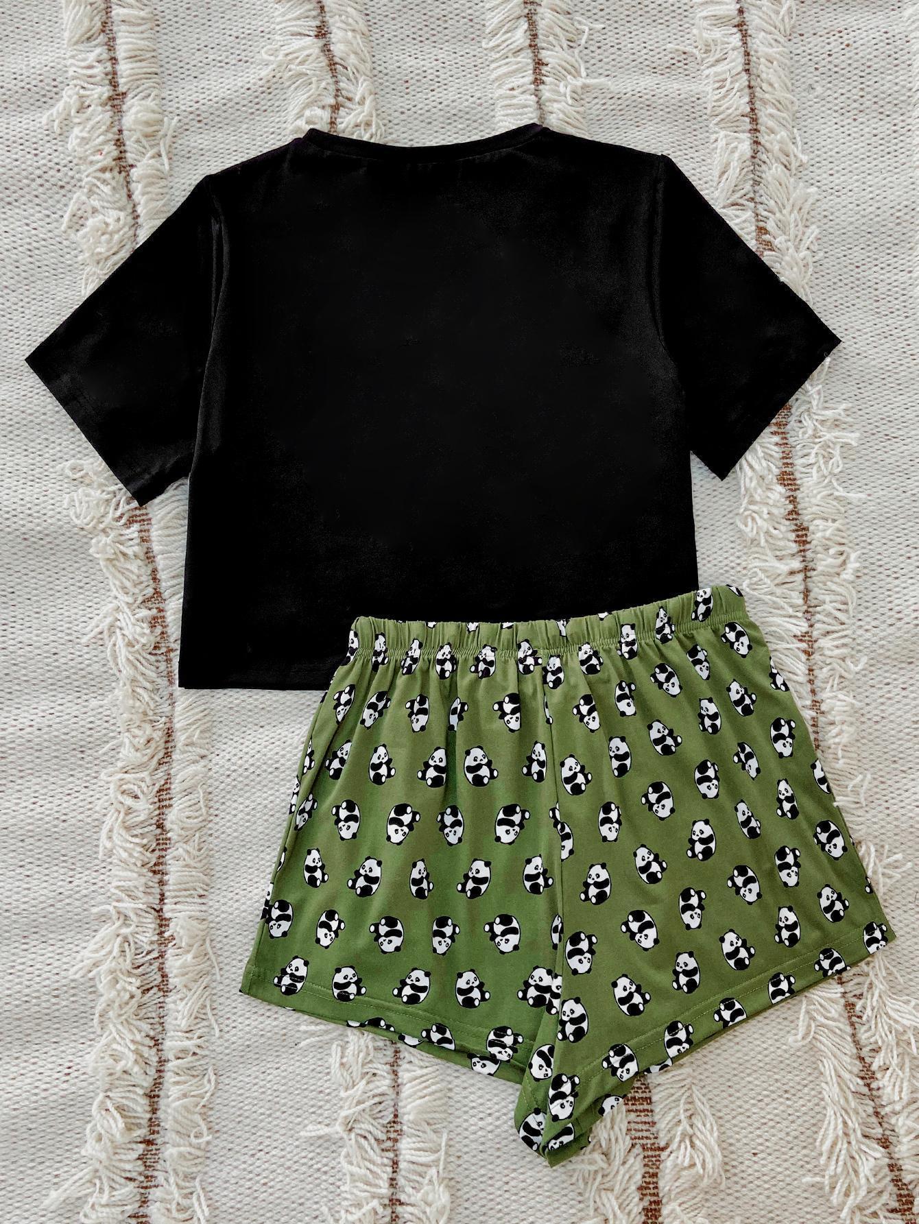 Graphic Tee and Panda Print Shorts Lounge Set