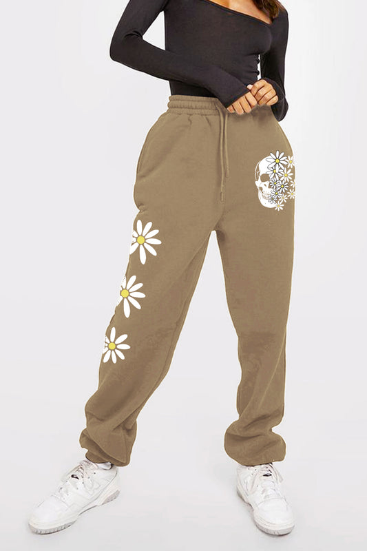 Simply Love Full Size Drawstring Flower & Skull Graphic Long Sweatpants