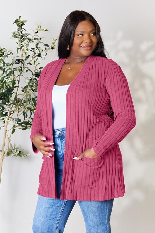 BF Doorbuster! 5 Colors! Basic Bae Full Size Ribbed Open Front Cardigan with Pockets