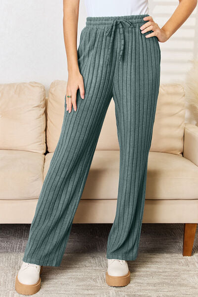 Basic Bae Full Size Ribbed Drawstring Hood Top and Straight Pants Set
