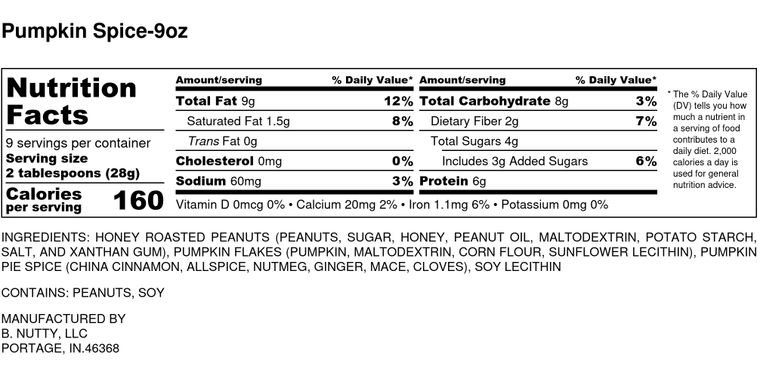 Pumpkin Spice- BNutty Gourmet Peant Butter - 9oz